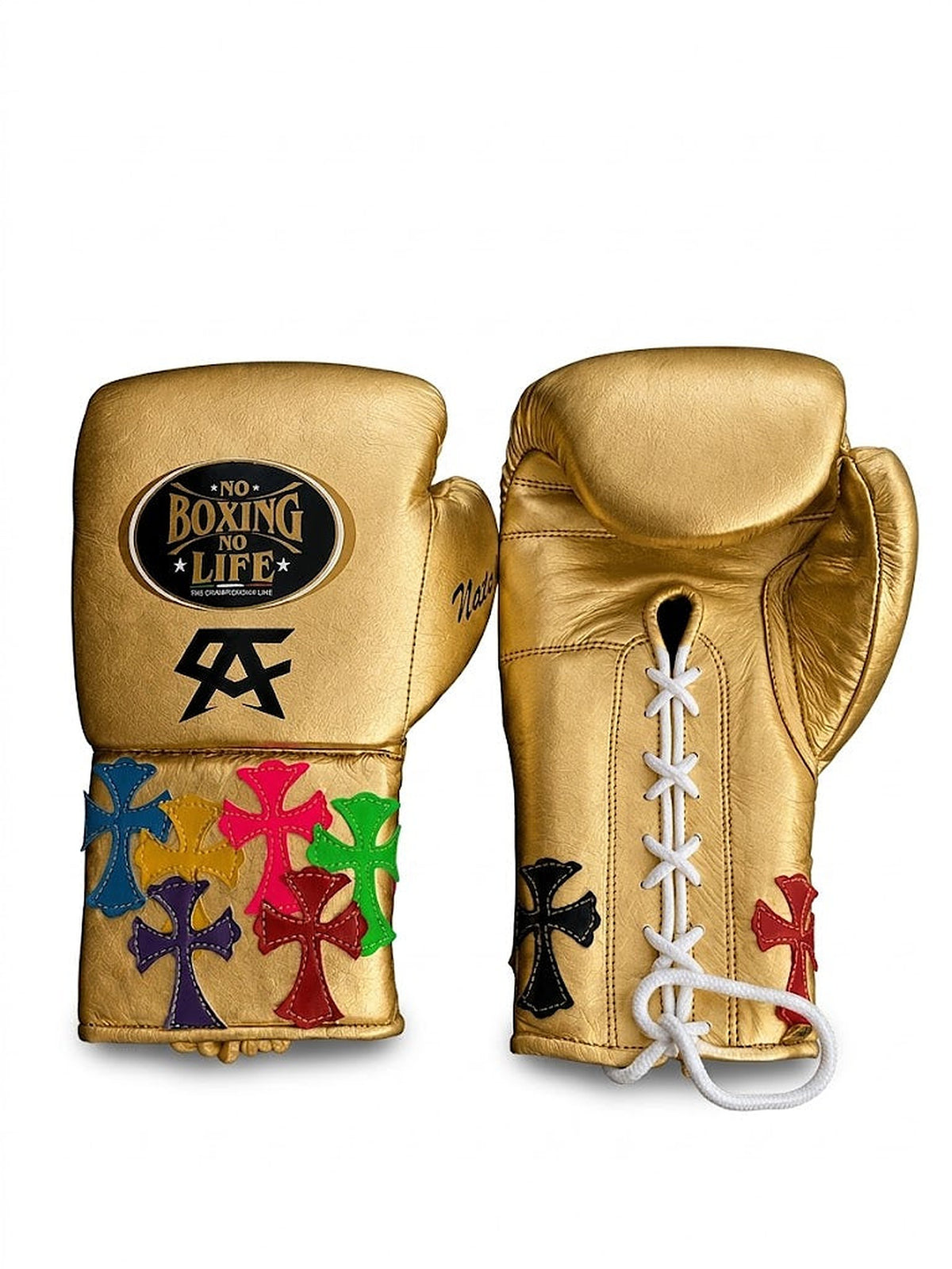 No Boxing No Life metallic gold lace-up gloves with multicolor cross patches on cuff and black monogram