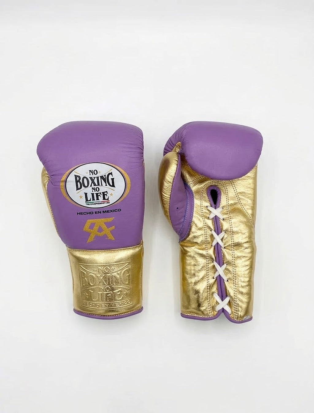 No Boxing No Life lavender purple lace-up boxing gloves with metallic gold palm and cuff - close-up of the gold cuff