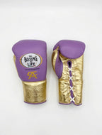 No Boxing No Life lavender purple lace-up boxing gloves with metallic gold palm and cuff - close-up of the gold cuff