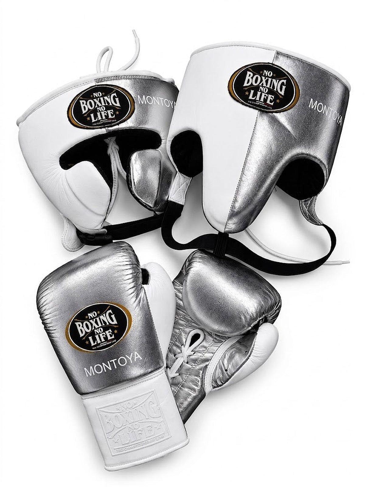 No Boxing No Life three-piece boxing set split white and metallic silver, lace-up gloves with oval logo
