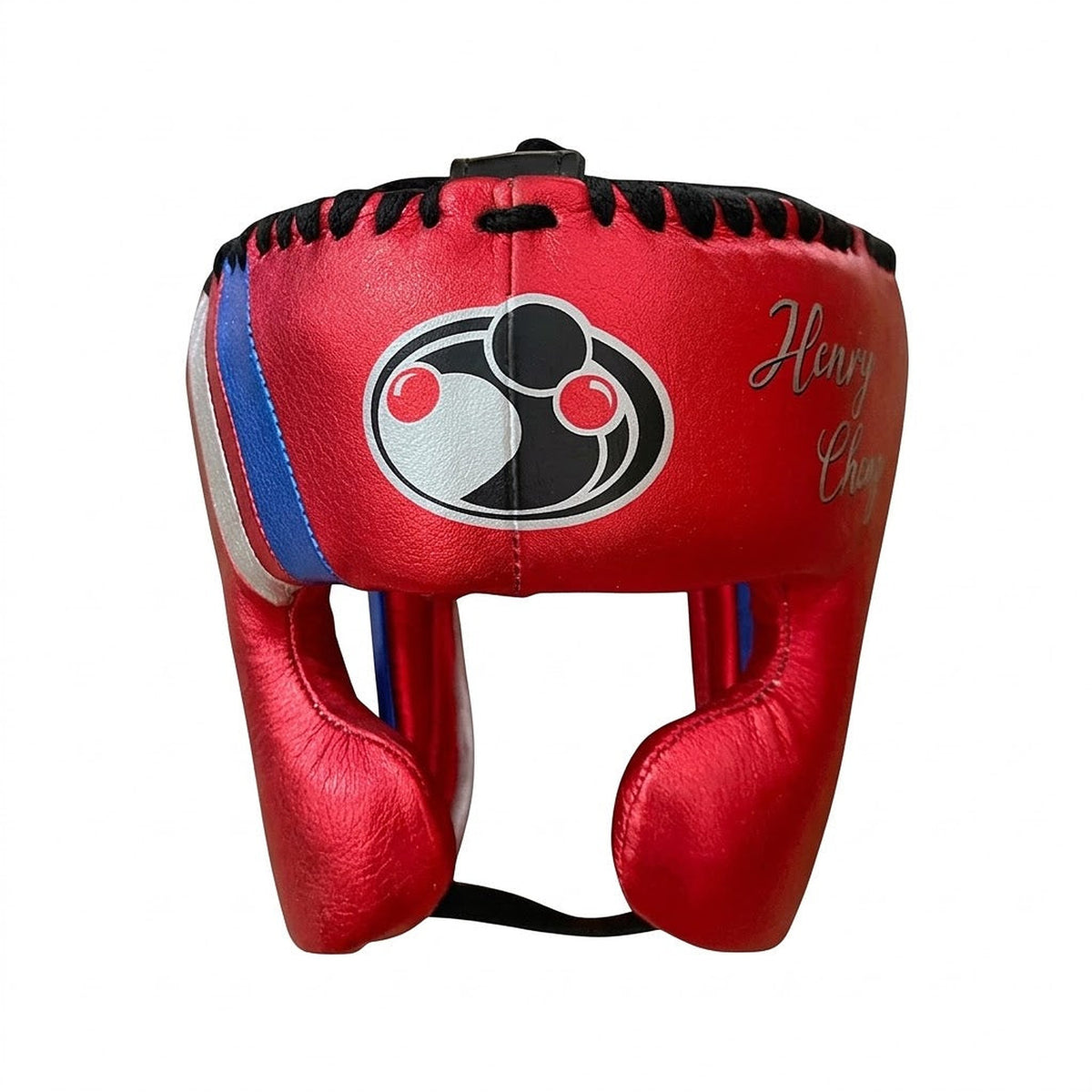 Grant metallic red lace-up gloves, headgear and groin guard with white and blue stripes across each piece - alternate angle