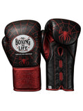 No Boxing No Life black lace-up boxing gloves with red web stitching and red spider emblem on the palm