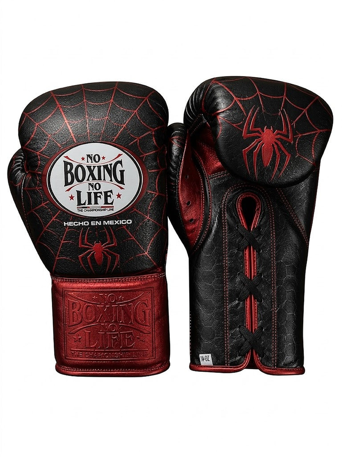 No Boxing No Life black lace-up boxing gloves with red web stitching and red spider emblem on the palm