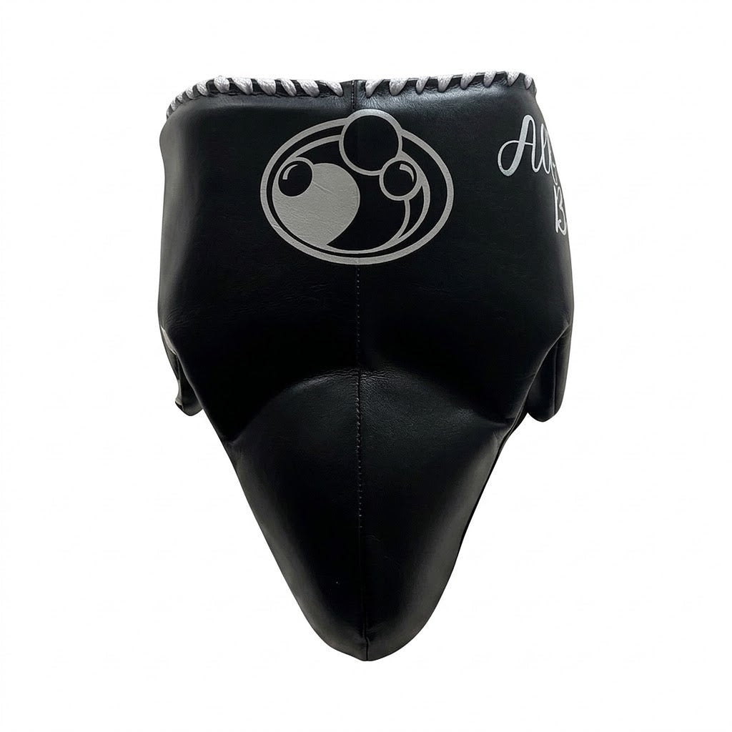 Grant black lace-up boxing gloves, headgear and groin guard with silver cuff patches and sample name prints - alternate angle
