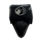 Grant black lace-up boxing gloves, headgear and groin guard with silver cuff patches and sample name prints - alternate angle