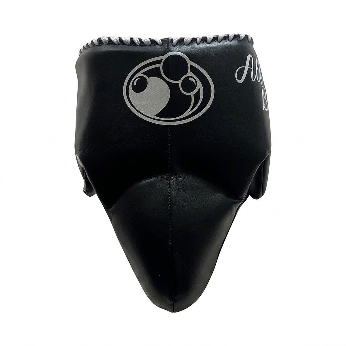 Grant black lace-up boxing gloves, headgear and groin guard with silver cuff patches and sample name prints - alternate angle