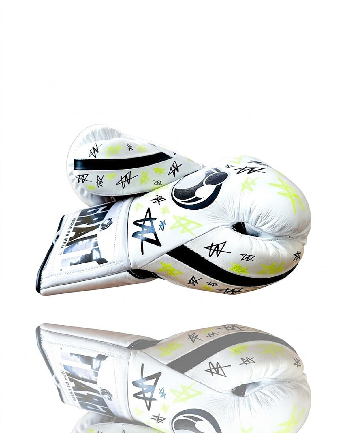 Grant white lace-up boxing gloves with black and neon graffiti tag print and black palm trim - side view