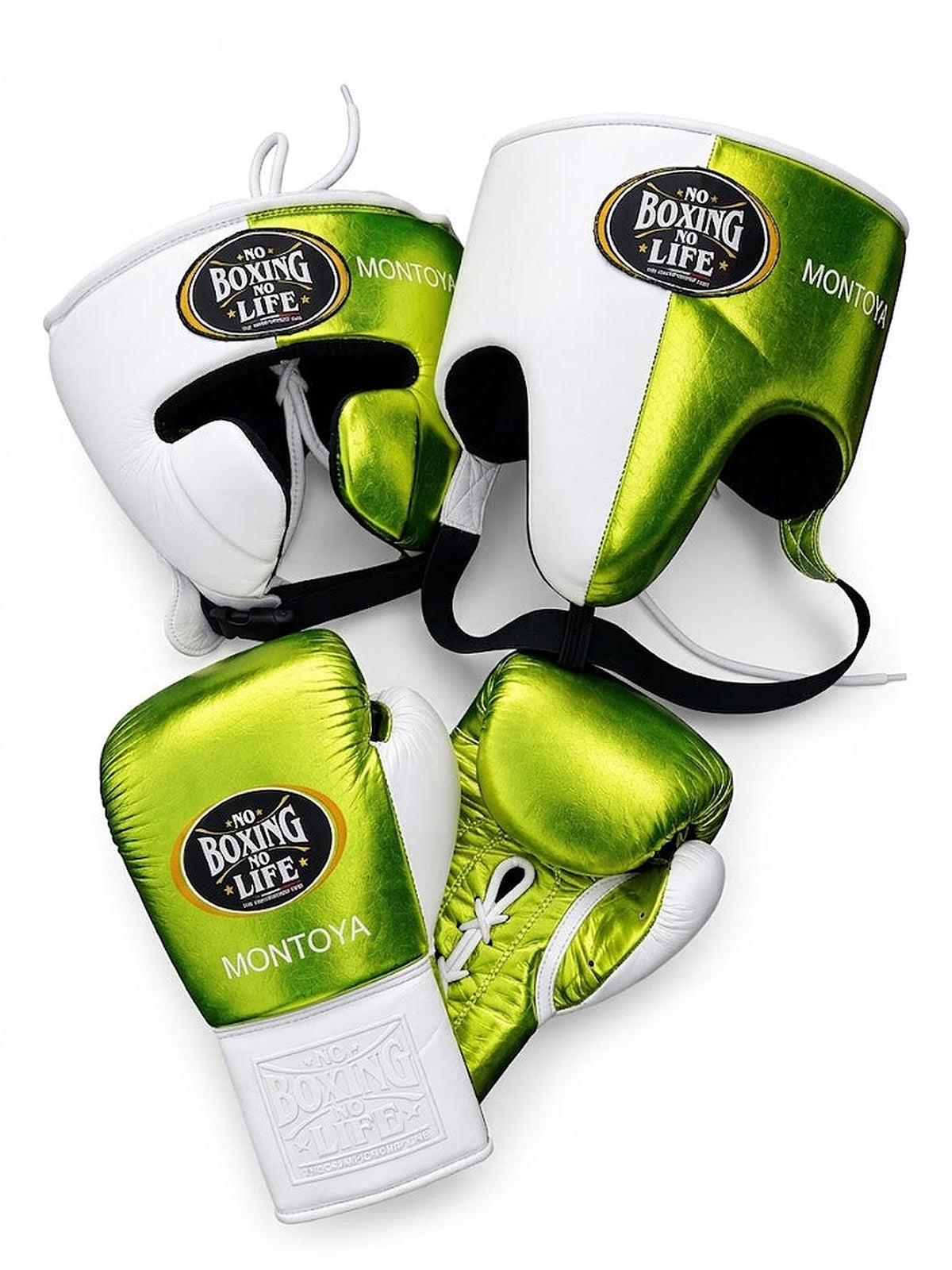 No Boxing No Life boxing set split white and metallic lime green, lace-up gloves, headgear and groin guard