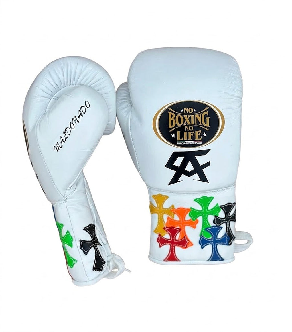 No Boxing No Life white lace-up boxing gloves with multicolor cross patches and black monogram on cuff - side view