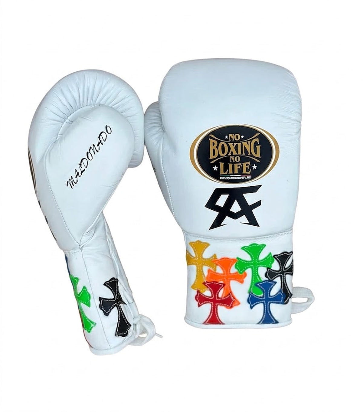 No Boxing No Life white lace-up boxing gloves with multicolor cross patches and black monogram on cuff - side view
