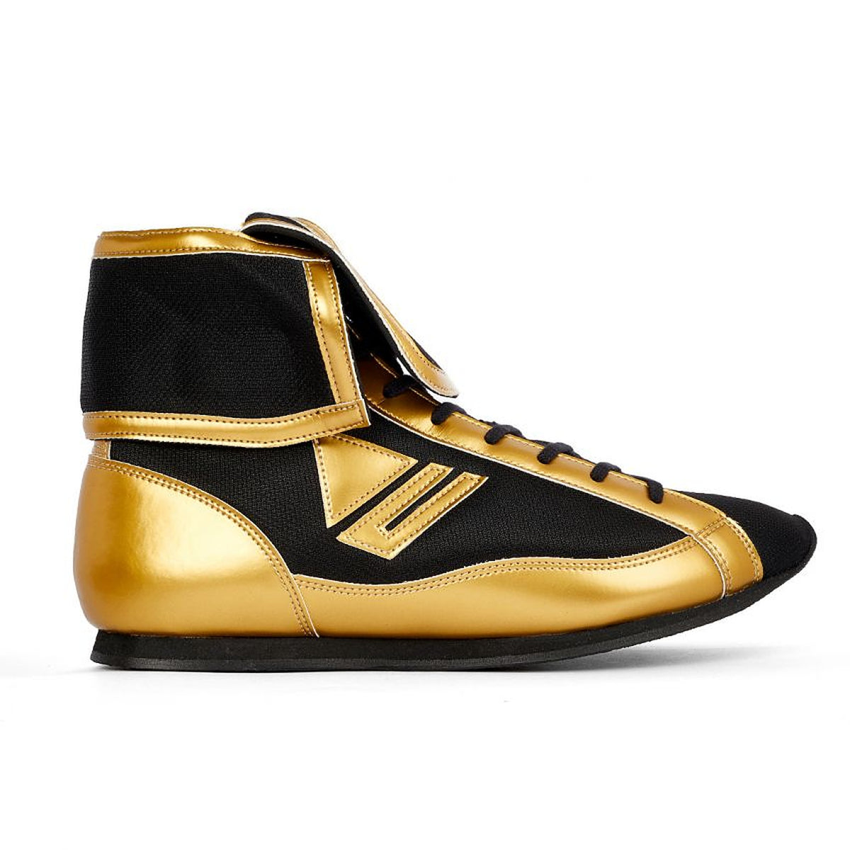 Winning RS-003 black and gold mid-cut shoes showing gold chevron stripes along the side