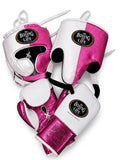 No Boxing No Life boxing set split white and metallic pink, lace-up gloves, headgear and groin guard