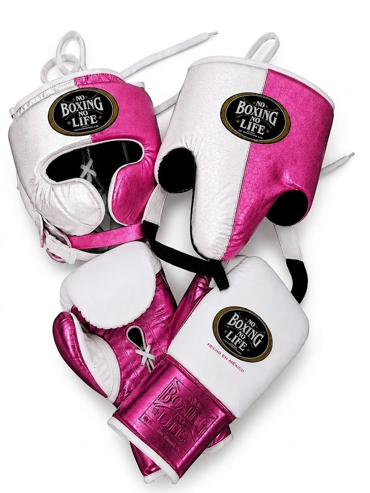 No Boxing No Life boxing set split white and metallic pink, lace-up gloves, headgear and groin guard