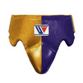 Winning groin guard split in metallic gold and purple with wide waistband and padded cup