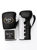 No Boxing No Life black lace-up boxing gloves with white palm, white cuff and white laces