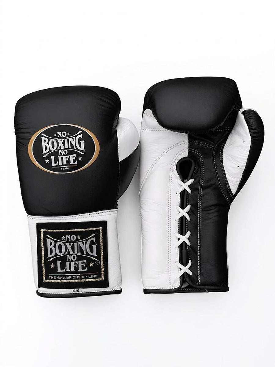 No Boxing No Life black lace-up boxing gloves with white palm, white cuff and white laces