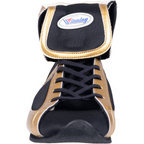 Close-up of the oval Winning patch on the black fold-over collar of the gold FOLD Type shoe