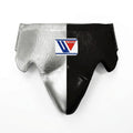 Winning groin guard with a reflective metallic silver half beside a flat black half, front view
