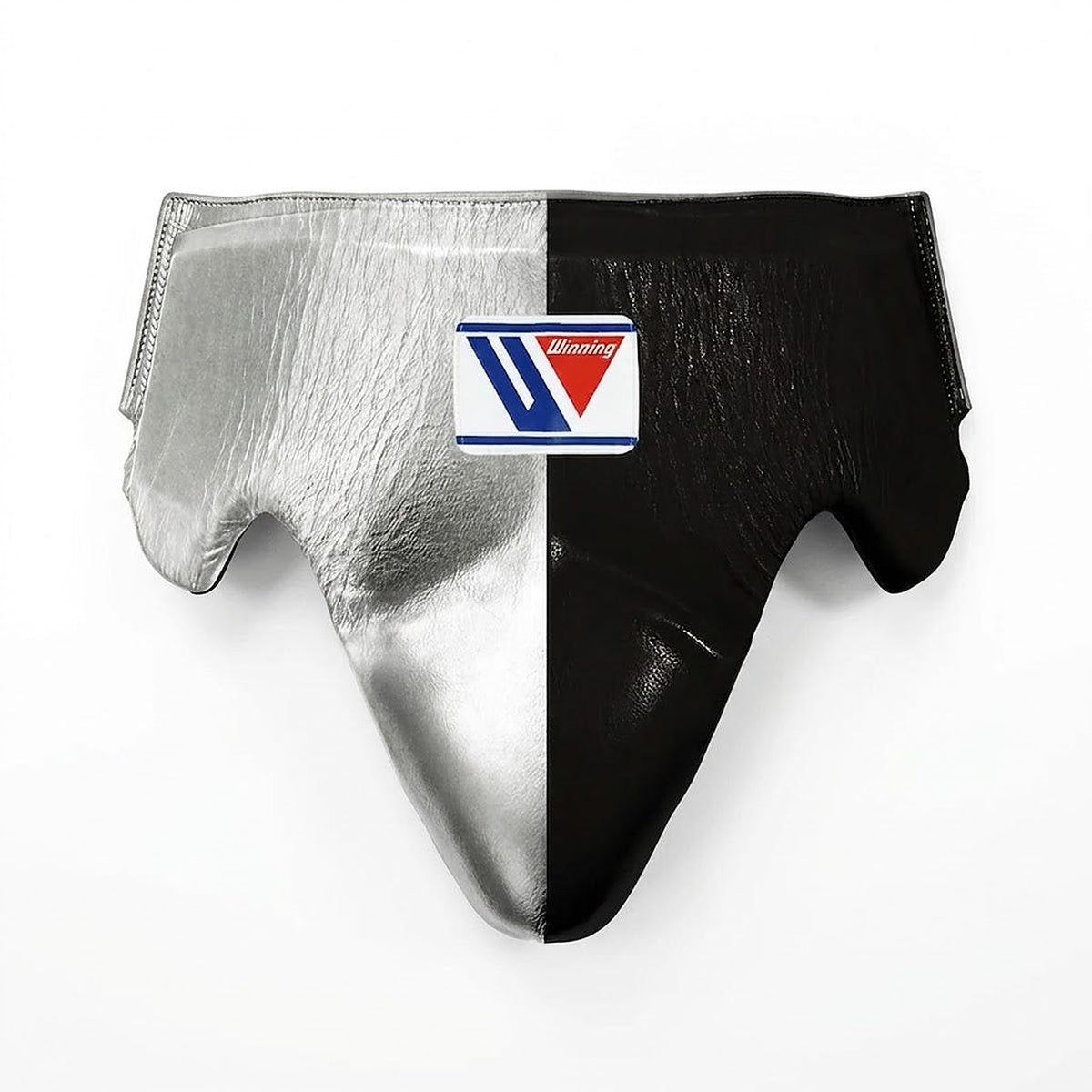 Winning groin guard with a reflective metallic silver half beside a flat black half, front view