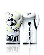Grant white lace-up boxing gloves with black and neon graffiti tag print and black palm trim