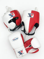 Winning red and white split boxing set with lace-up gloves, headgear and groin guard, W triangle logo - side view
