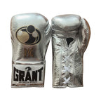 Grant champagne silver metallic lace-up boxing gloves with white laces and sample initials on the back
