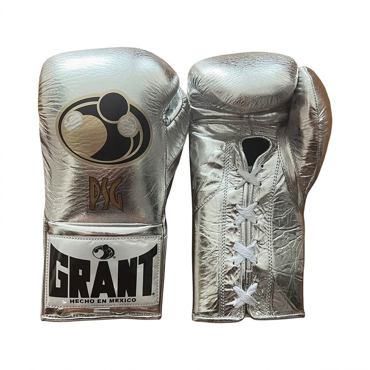 Grant champagne silver metallic lace-up boxing gloves with white laces and sample initials on the back