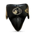 Grant black lace-up boxing gloves with metallic gold palms, plus black headgear and groin guard - palm and closure detail