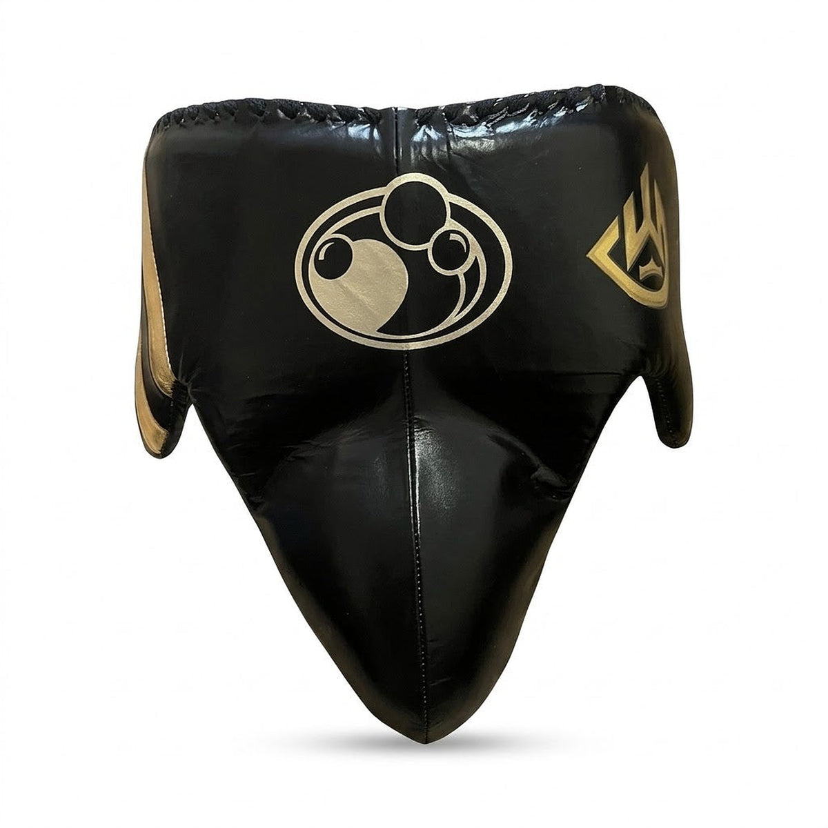 Grant black lace-up boxing gloves with metallic gold palms, plus black headgear and groin guard - palm and closure detail