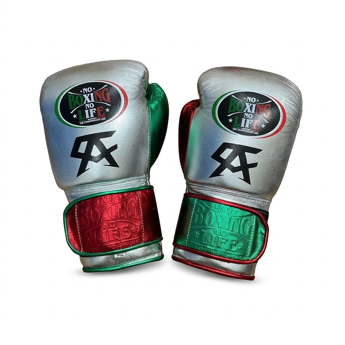 No Boxing No Life metallic silver Velcro gloves with green, white and red tricolor cuff and black monogram