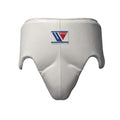 Winning groin guard in solid white with a wide white waistband and padded front cup, plain background