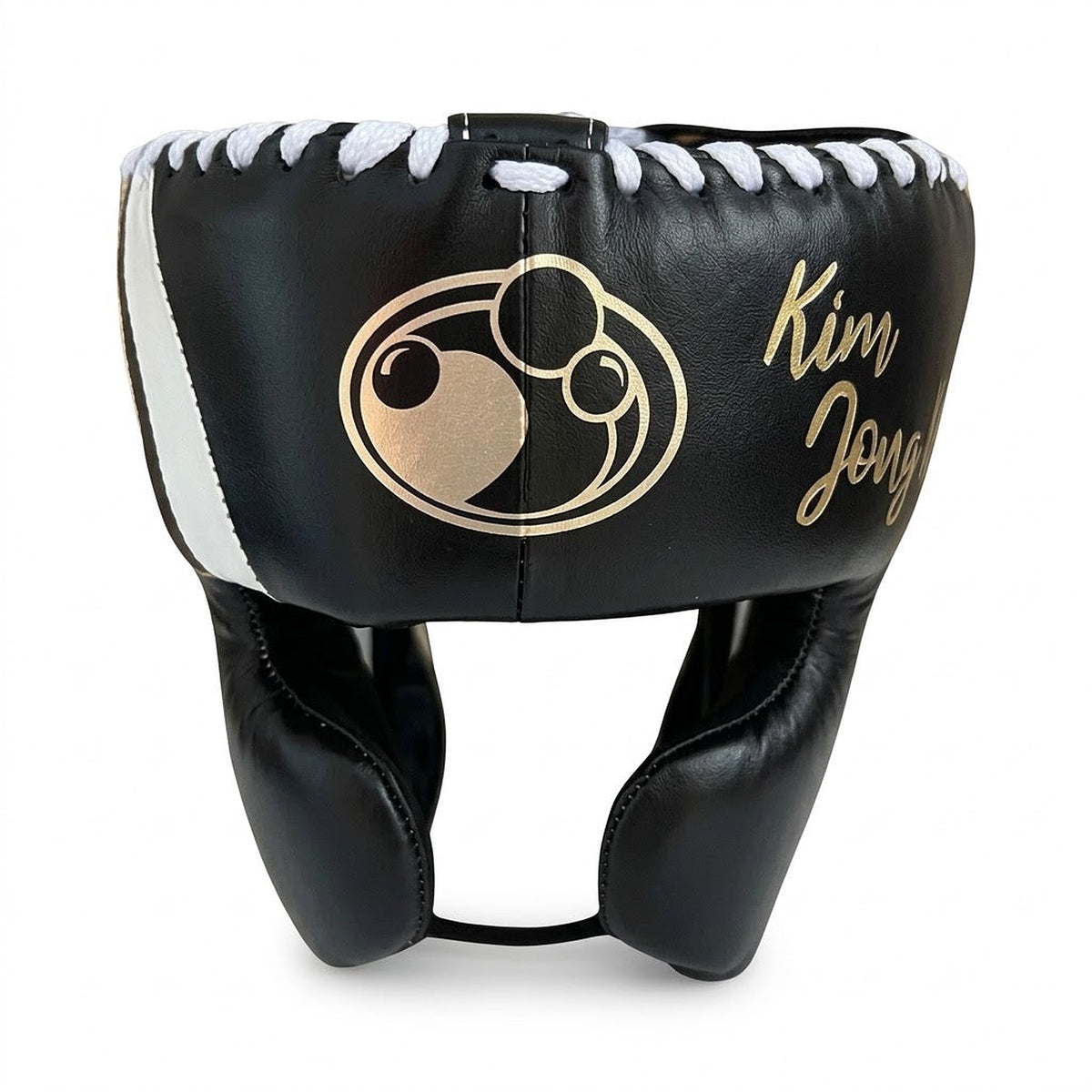 Grant black lace-up boxing gloves with gold palms and white cuffs, plus headgear and groin guard - close-up of logo and cuff