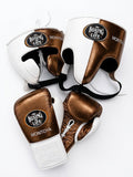 No Boxing No Life lace-up gloves, headgear and groin guard in a white and metallic bronze split design