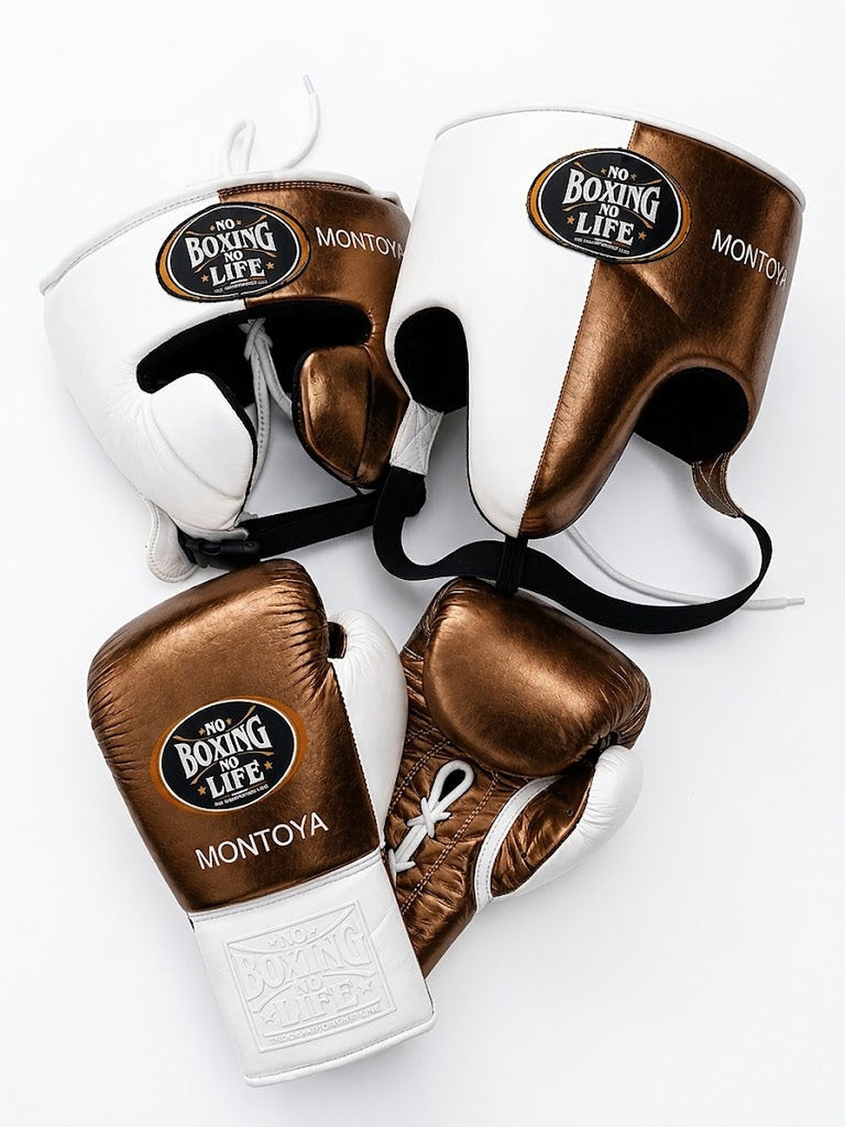 No Boxing No Life lace-up gloves, headgear and groin guard in a white and metallic bronze split design