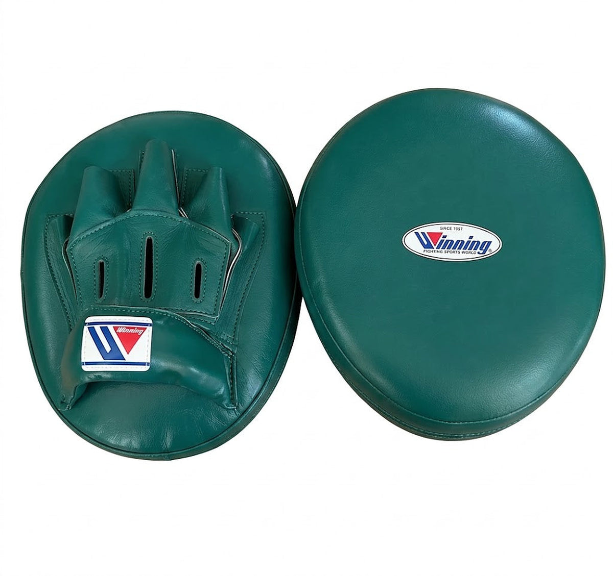 Winning forest green curved punch mitts in a deep earthy green, left and right mitt displayed together