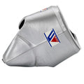 Winning groin guard finished entirely in reflective metallic silver, front view showing cup and band