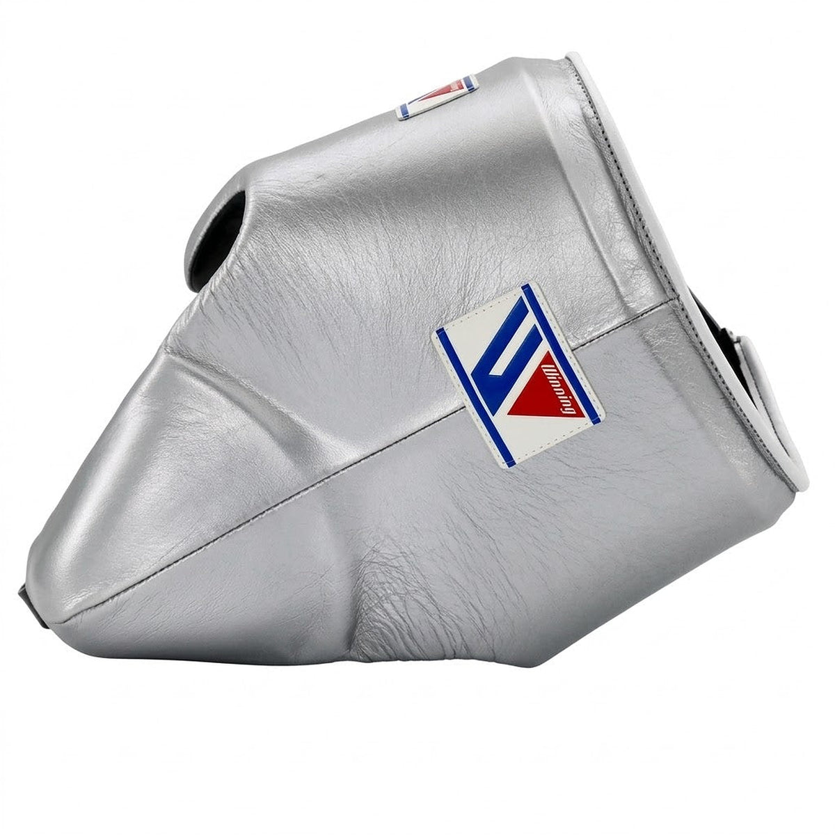 Winning groin guard finished entirely in reflective metallic silver, front view showing cup and band