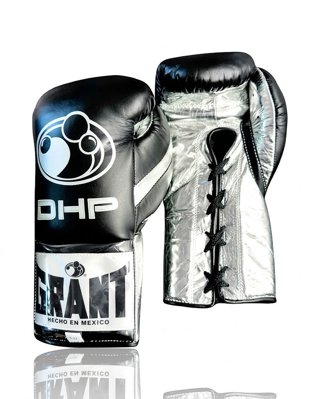 Grant boxing gloves with black back and chrome silver palm, black laces and sample DHP name print