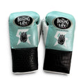 No Boxing No Life mint blue lace-up boxing gloves with black crocodile-embossed cuff and mascot logo