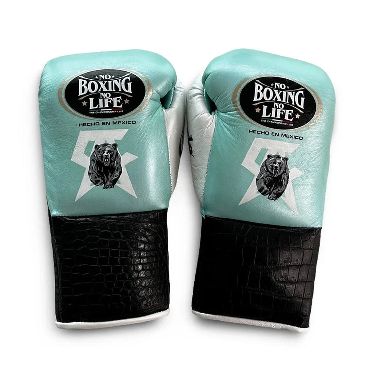 No Boxing No Life mint blue lace-up boxing gloves with black crocodile-embossed cuff and mascot logo