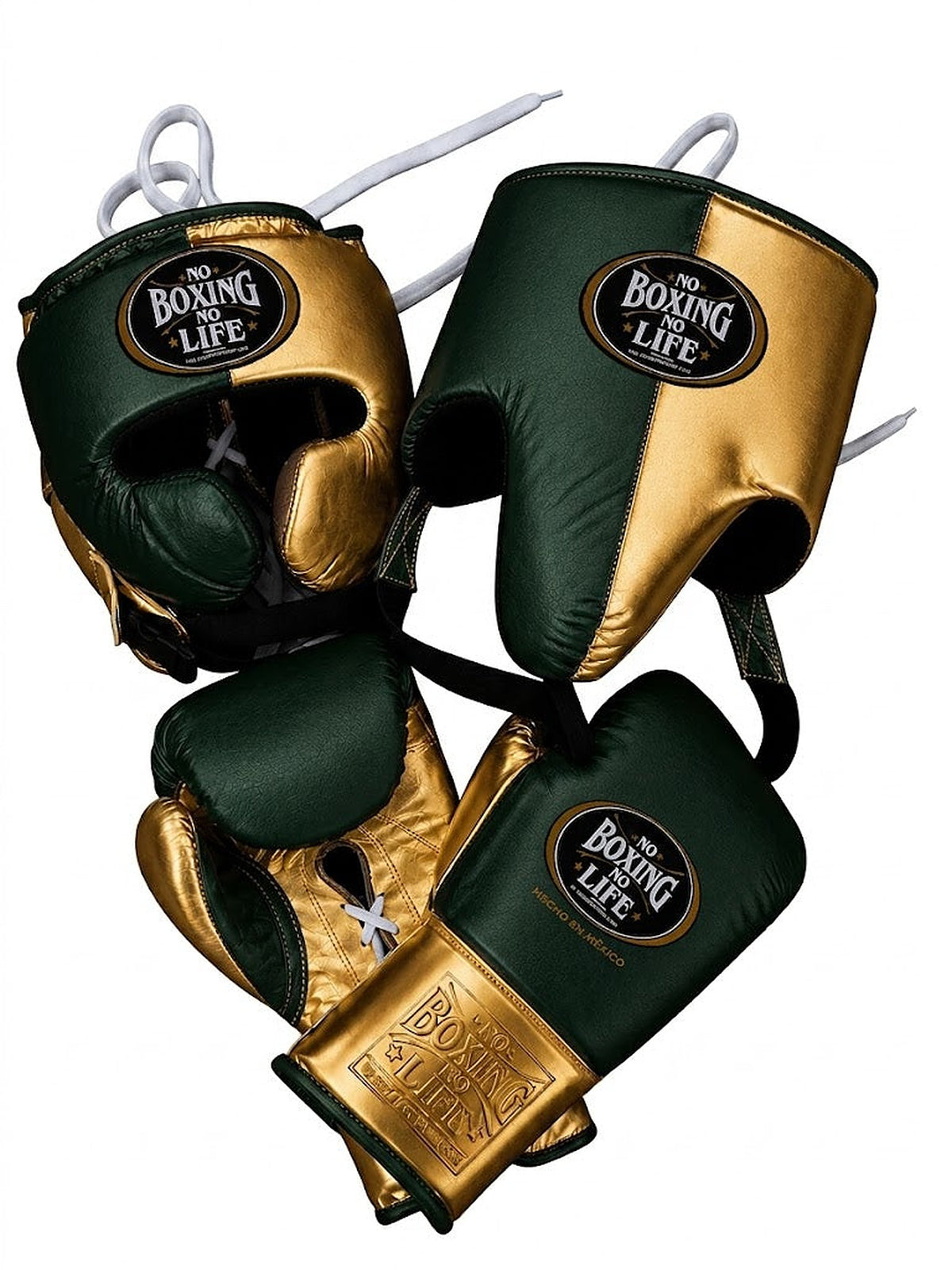 No Boxing No Life lace-up boxing set split forest green and metallic gold, with matching headgear