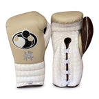 Grant boxing set in cream beige with lace-up gloves and matching headgear showing the round Grant logo - side view