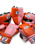 Winning orange and pink split boxing set with lace-up gloves, headgear and groin guard, W logo