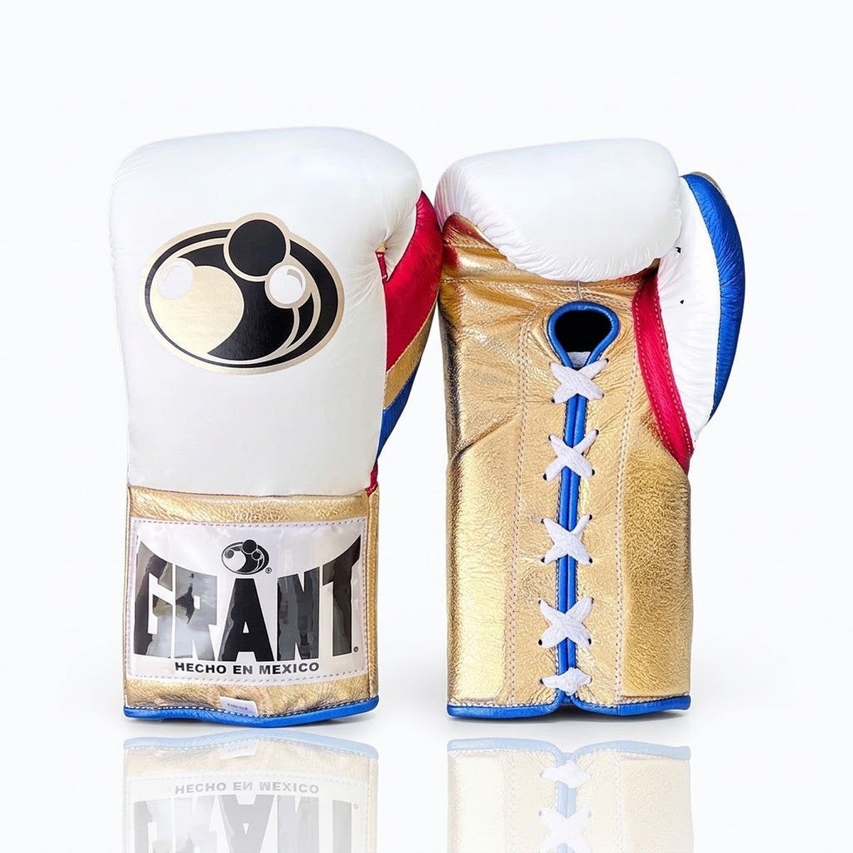 Grant white boxing glove with metallic gold palm, blue laces and red, white and blue thumb trim