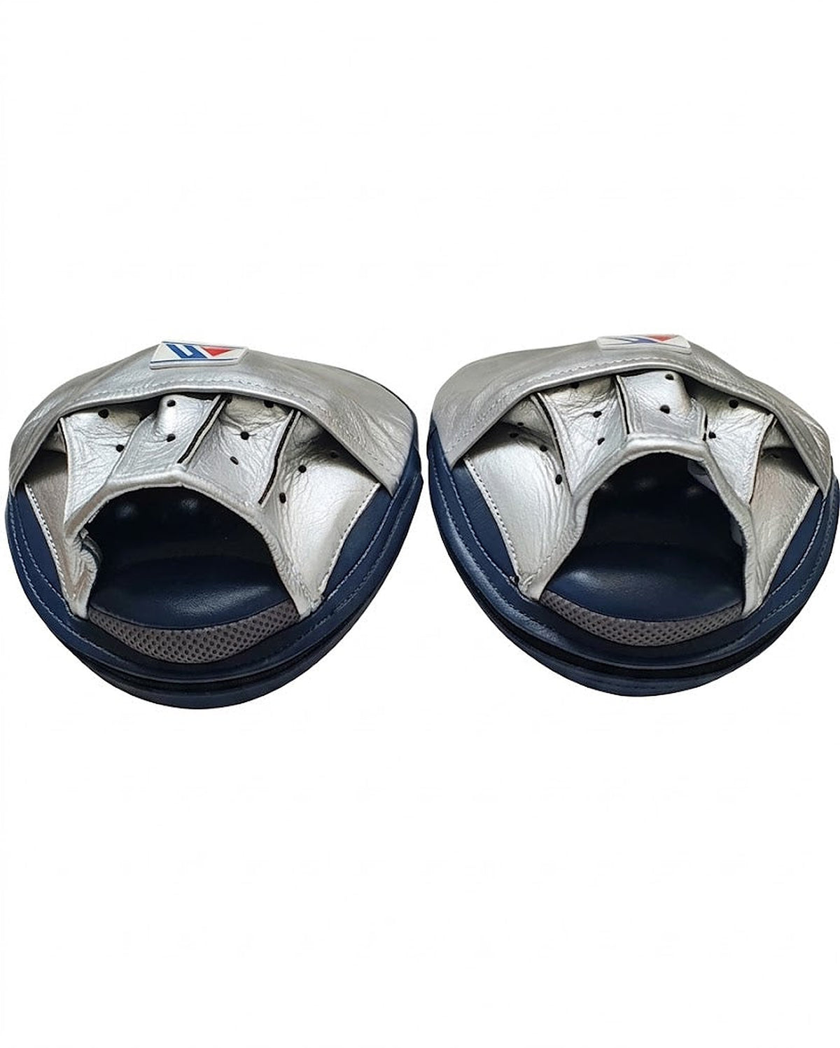 Winning metallic silver curved focus mitts with navy rim around the striking face, shown as a pair - palm side