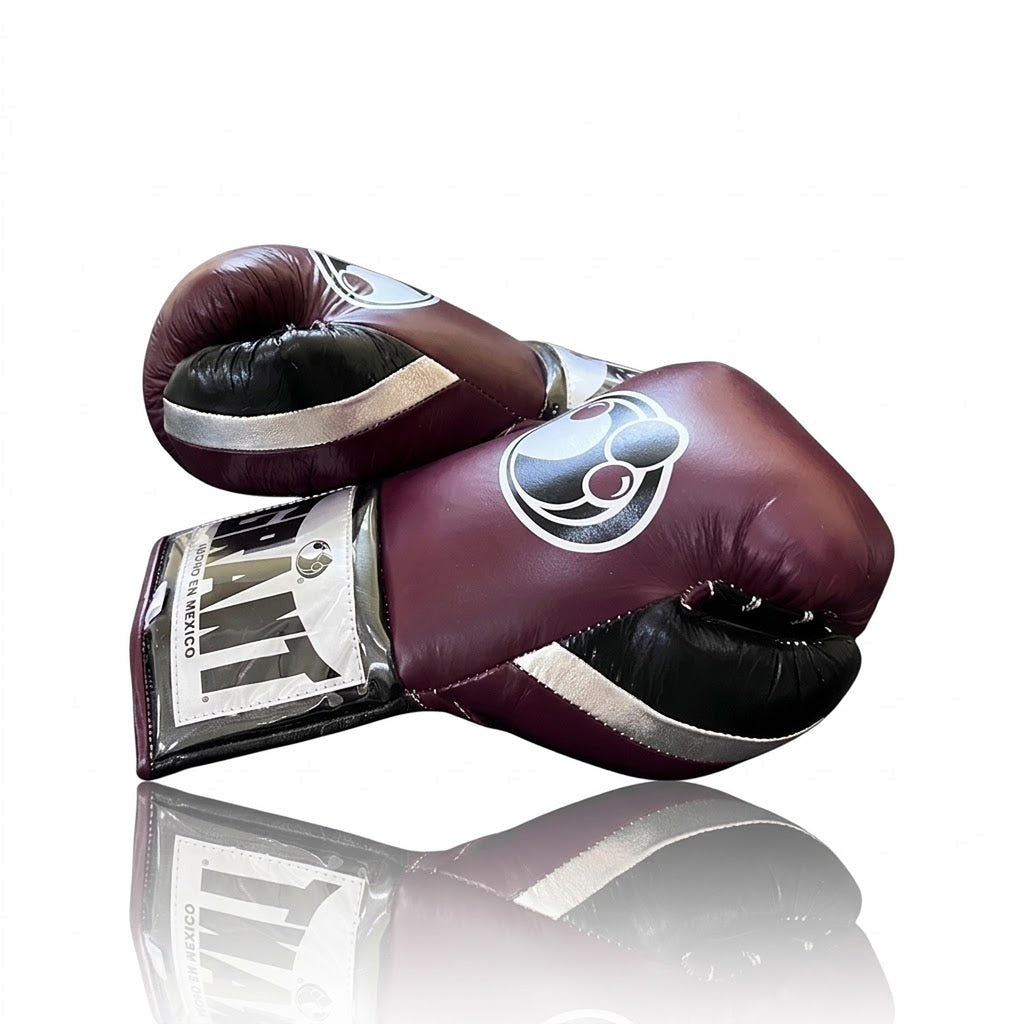 Grant lace-up boxing gloves with a deep plum-maroon back and black palm - side view