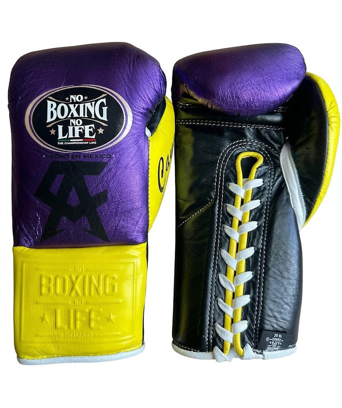 No Boxing No Life purple lace-up gloves with black palm, yellow cuff, yellow laces and black monogram