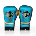 Grant metallic sky blue lace-up boxing gloves and headgear with gold accents and round Grant logo - palm and closure detail