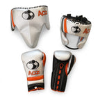 Grant white lace-up boxing gloves with black palms and orange trim, plus matching white headgear and groin guard
