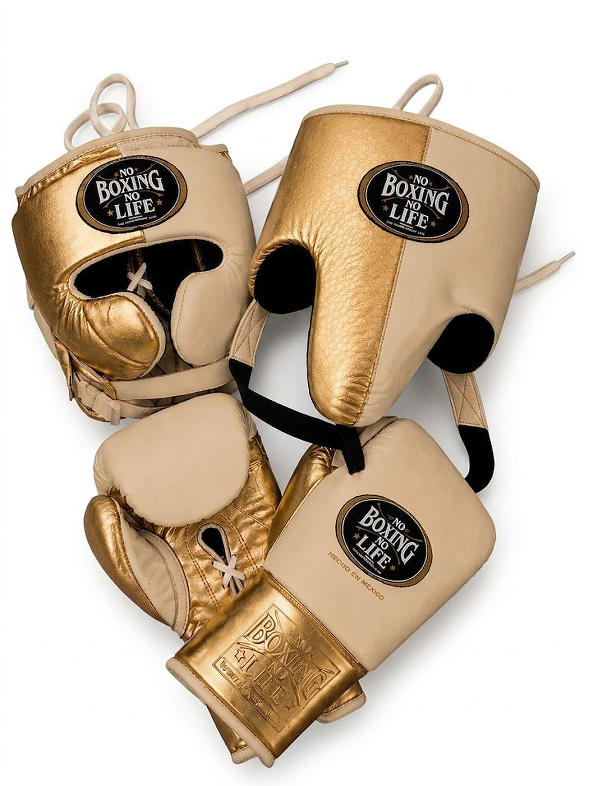 No Boxing No Life boxing set split metallic gold and cream, lace-up gloves with matching headgear